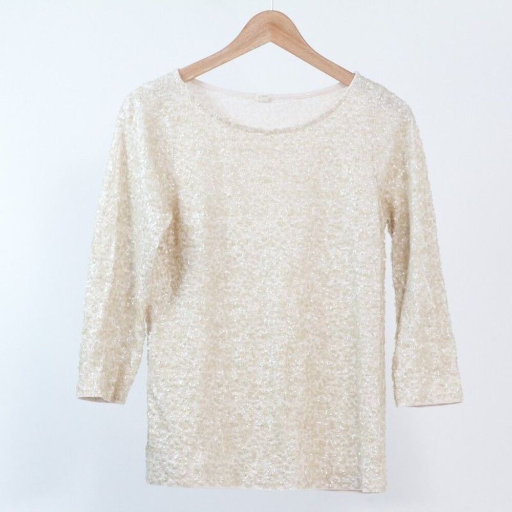 J Crew Women's  Light Beige Sequin Long Sleeve Blouse Celebration Scoop Neck, S